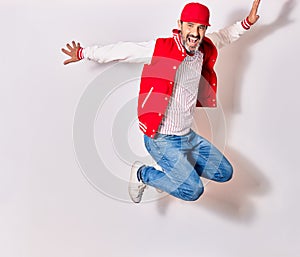 Middle age handsome man wearing baseball uniform smiling happy