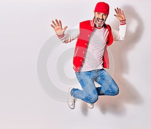 Middle age handsome man wearing baseball uniform smiling happy