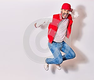 Middle age handsome man wearing baseball uniform smiling happy