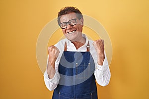 Middle age hispanic man wearing professional cook apron very happy and excited doing winner gesture with arms raised, smiling and