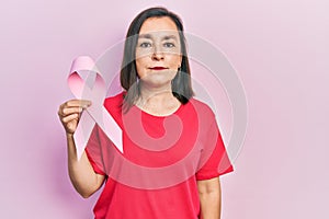 Middle age hispanic woman holding pink cancer ribbon thinking attitude and sober expression looking self confident