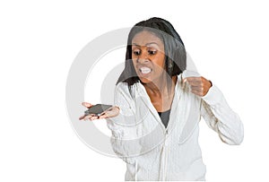 Middle age, mad, frustrated angry woman yelling on mobile phone