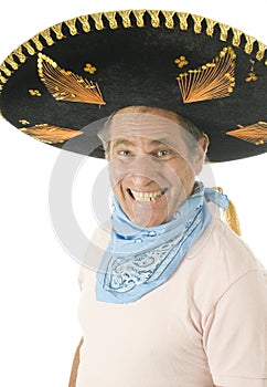 Middle age male wearing Mexican somebrero hat cow