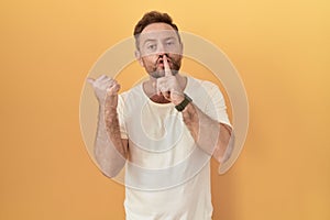 Middle age man with beard standing over yellow background asking to be quiet with finger on lips pointing with hand to the side