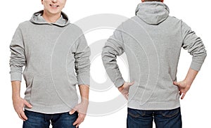 Middle age man in gray sweatshirt template isolated. Male sweatshirts set with mockup, copy space. Sweat shirt design front rear