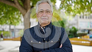 Middle age man with grey hair standing with serious expression with crossed arms at park