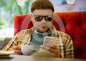 Middle age man lifestyle, guy at cafe