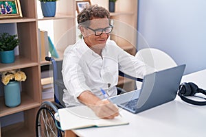 Middle age man smiling confident sitting on wheelchair teleworking at home