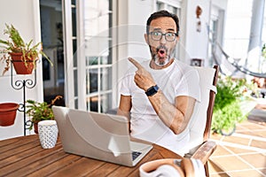 Middle age man using computer laptop at home surprised pointing with finger to the side, open mouth amazed expression