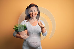 Middle age pregnant woman expecting baby holding plant pot happy with big smile doing ok sign, thumb up with fingers, excellent