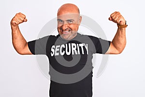 Middle age safeguard man wearing security uniform standing over isolated white background showing arms muscles smiling proud