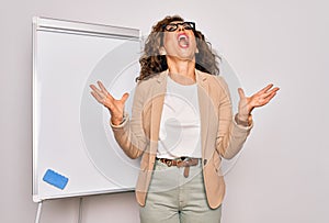 Middle age senior business woman standing on seminar presentation by magnectic blackboard crazy and mad shouting and yelling with