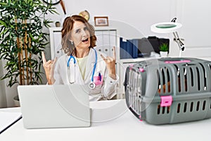 Middle age veterinarian woman working at pet clinic shouting with crazy expression doing rock symbol with hands up
