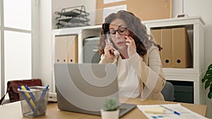 Middle age woman business worker sleeped waking up for telephone calling at office