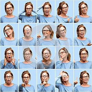 Middle age woman, different emotions collage over blue background