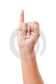 Middle age woman hand showing little finger isolated