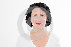 Middle age woman portrait. Wrinkle face and skin care concept. Menopause and anti aging treatment. Isolated on white background.