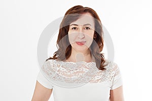 Middle age woman portrait. Wrinkle face and skin care concept. Menopause and anti aging treatment. Isolated on white background.