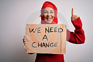 Middle age woman wearing muslim hijab asking for change holding banner surprised with an idea or question pointing finger with