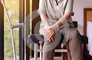 Middle aged adult woman suffering from arthritis disease,Women touching on injury knee,Osteoarthritis
