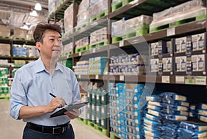 a middle-aged Asian businessman holding a tablet at a warehouse full of goods