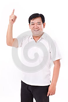 Middle aged asian man pointing up