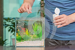 A middle-aged Asian man who feeds the guppy he raises in a small fishbowl