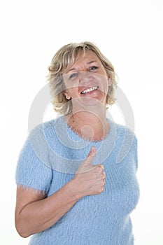 Middle aged blonde beautiful happiness smile senior woman thumb up on white background