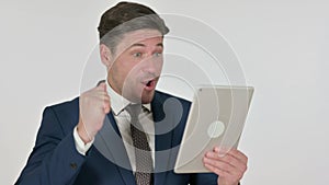 Middle Aged Businessman having Loss on Tablet, White Background