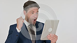 Middle Aged Businessman having Loss on Tablet, White Background