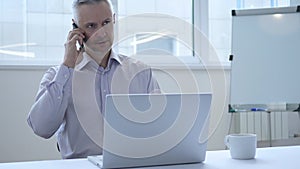 Middle Aged Businessman Talking on Phone, Discussing Work