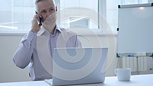 Middle aged businessman talking on phone, discussing work