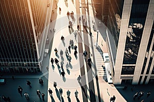 middle-aged businessmen walking among skyscrapers of city, aerial view of busy city street