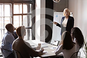 Middle aged businesswoman coach giving flip chart presentation at meeting
