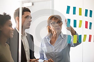 Middle aged businesswoman explaining project strategy on sticky notes