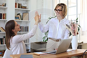 Middle aged businesswoman giving high five to her young female collegue photo