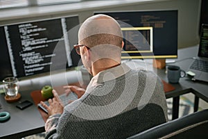 Middle Aged Caucasian Man Working on Computer Programming in Office