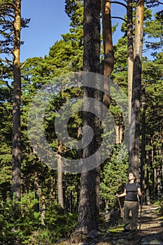 Middle-aged Caucasian woman hiking on Sierra de Guadarrama. Madrid, Spain