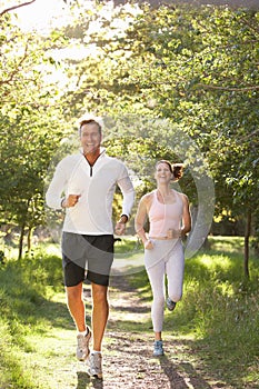 Middle Aged Couple Jogging In Park photo