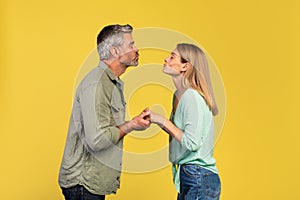 Middle aged couple in love pursing lips for kiss over yellow studio background, profile side view