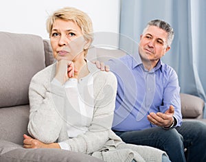 Middle-aged couple quarreling at home with each other