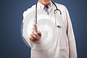 Middle aged doctor gesturing with copy space