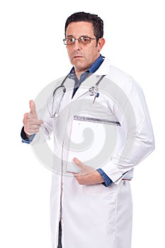 Middle aged doctor pointing with the index finger