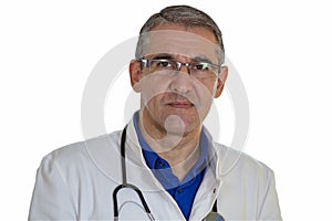 Middle Aged Doctor With Stethoscope Over White Background