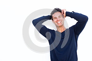 Middle aged guy laughing against isolated white background