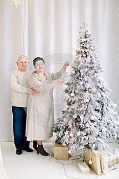 Middle aged happy couple preparing to the winter holidays, decorating beautiful Christmas tree at cozy light studio or