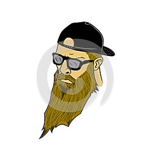 Middle-aged Man with black and long beard wearing sunglasses and hat backwards vector illustration