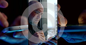 Middle-aged man is browsing social nets by smartphone, collage of portrait and closeup of hands