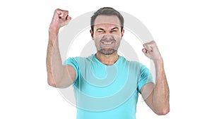 Middle Aged Man Celebrating Win, White Background photo