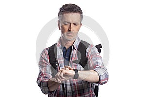 Middle-Aged Man Checking Pulse with Smartwatch Health Apps